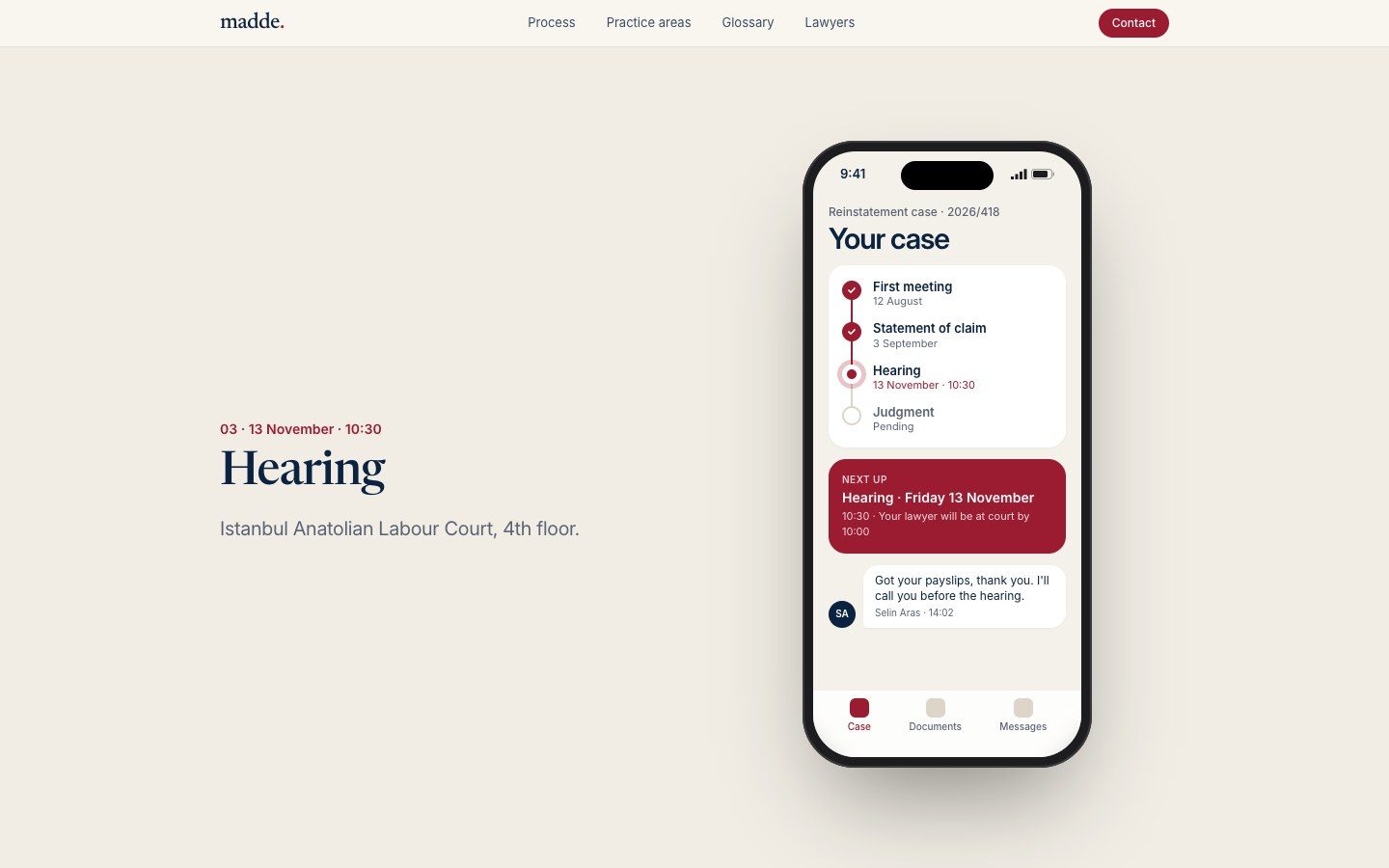 Madde Law Firm: Modern design: case progress screen
