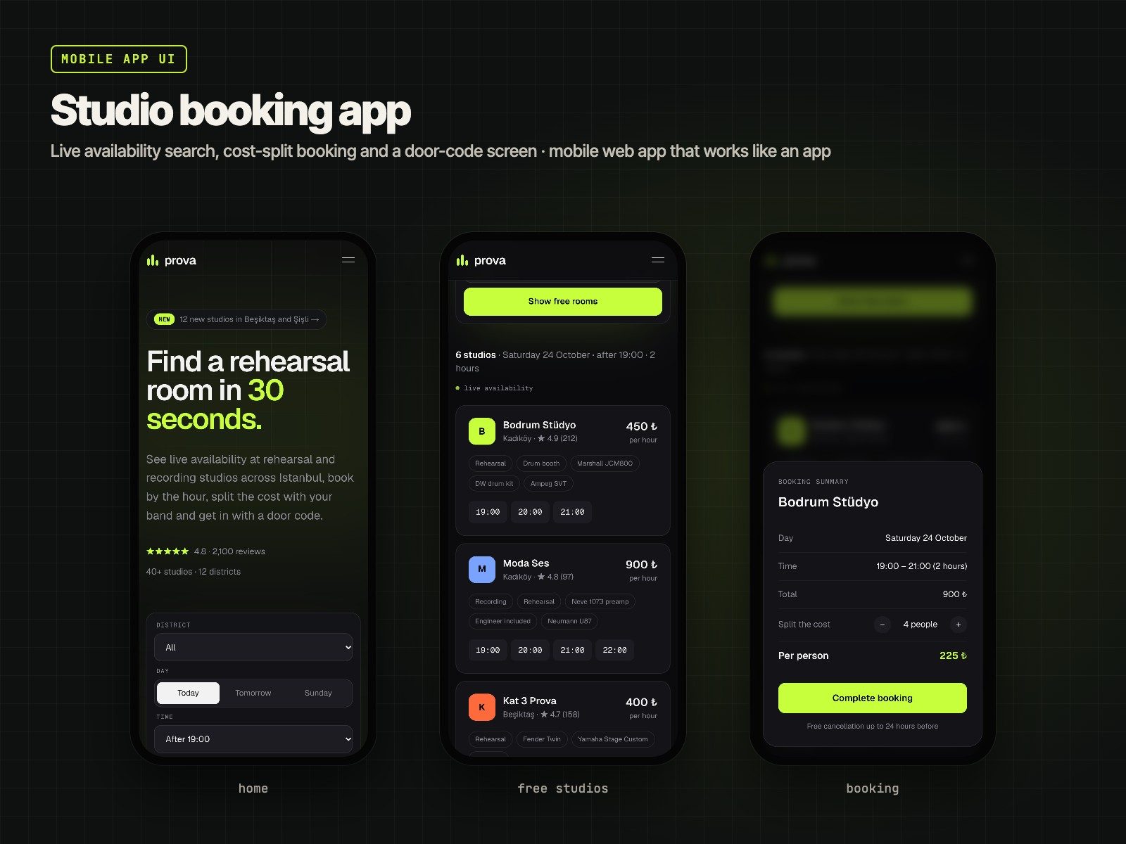 Prova: Mobile screens: home, available studios, booking