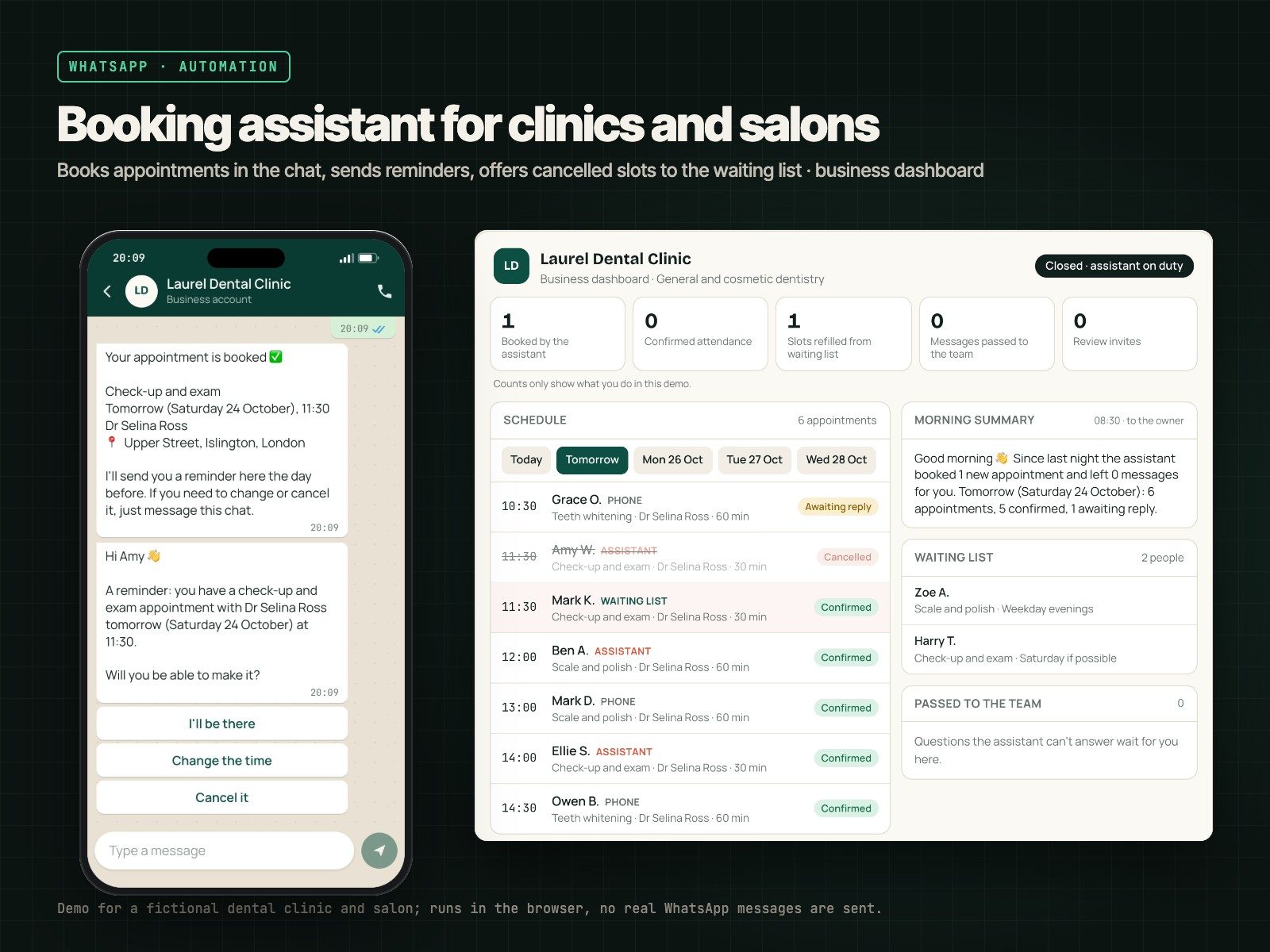 Appointment Assistant: Live demo: the customer's phone on the left, the business dashboard on the right