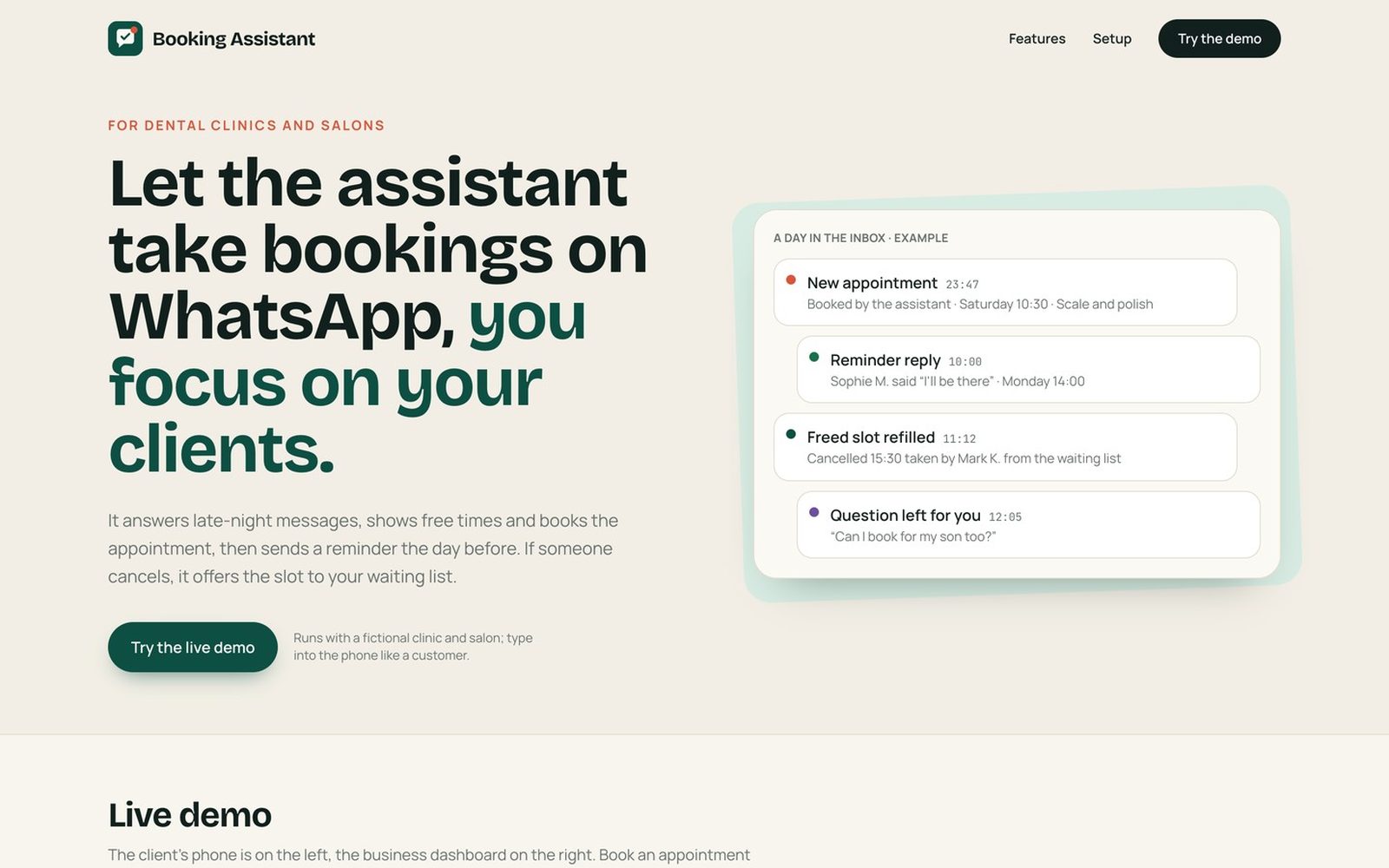 Appointment Assistant landing page and live demo