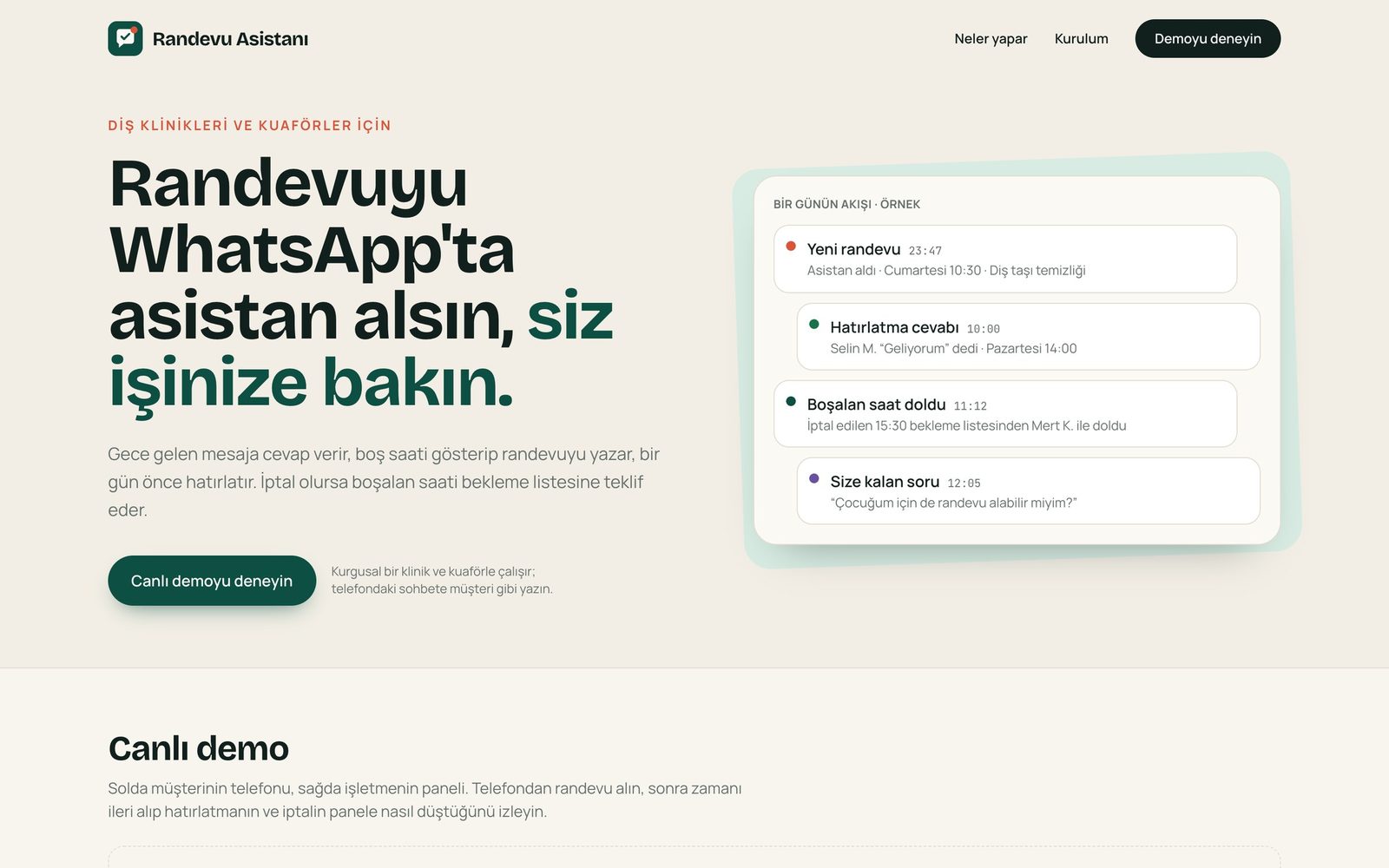 Randevu Asistanı tanıtım sayfası ve canlı demo